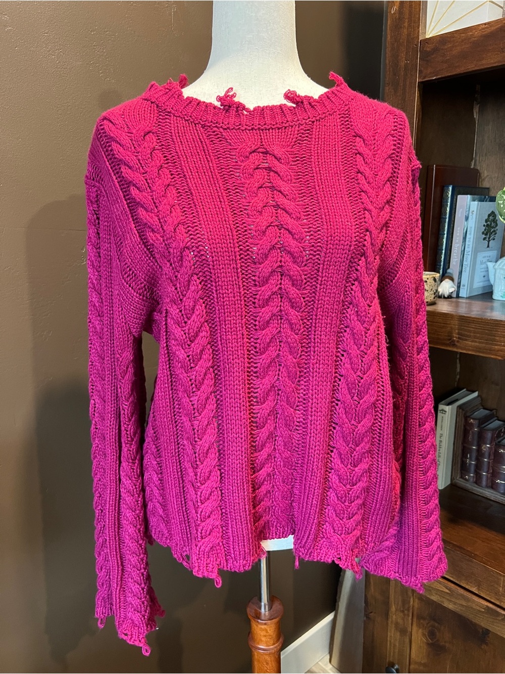 LAWLESS Cable Knit Distressed Edge Sweater - Hot Pink